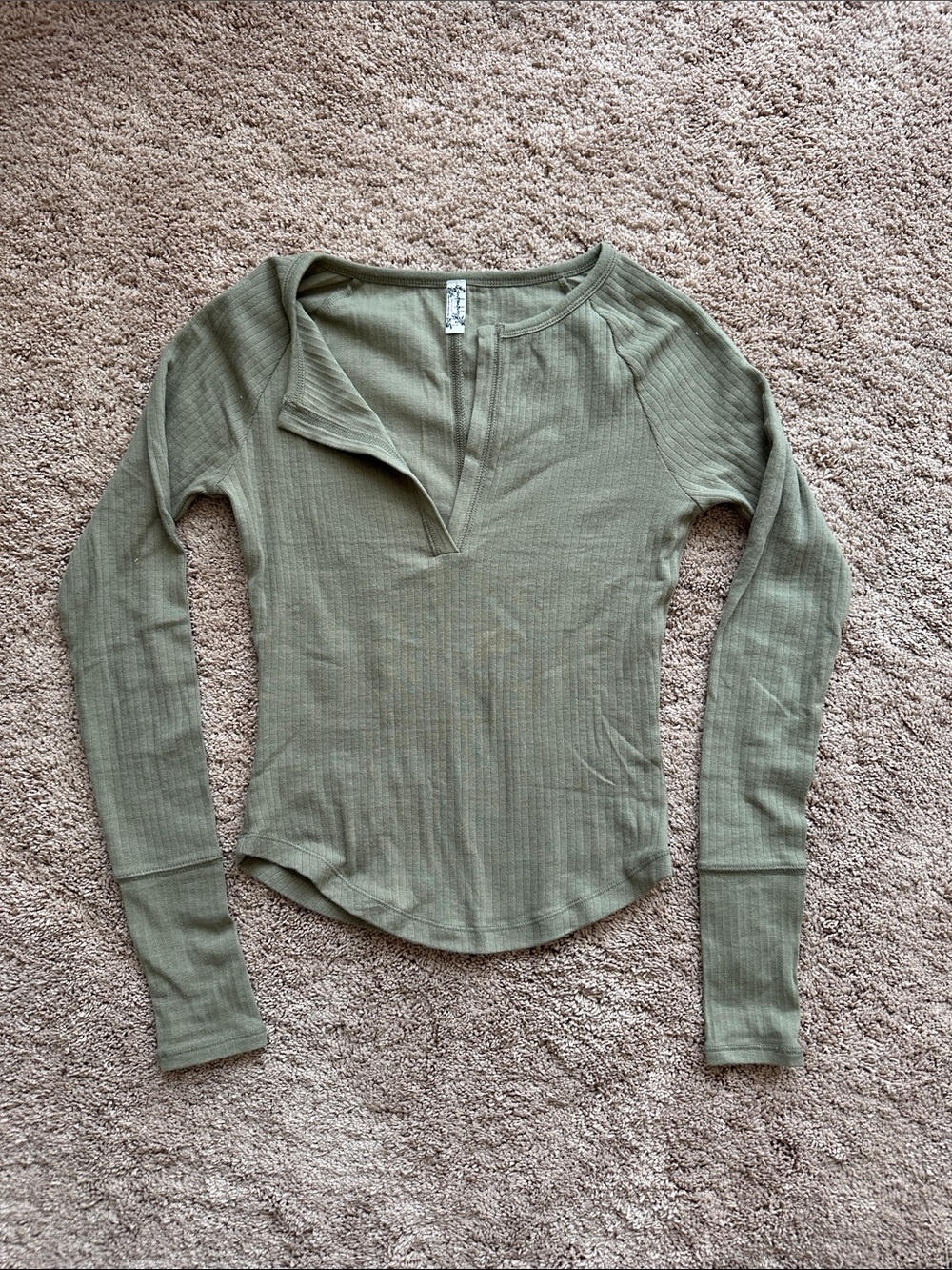 Free People Billie Ribbed V-Neck Long Sleeve Top - Olive Green